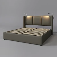 Bettgestell 140x200 – Doppelbett mit Stauraum, LED-Lampe und USB-Anschluss fürs Wohnzimmer, robust, gepolstertes Kopfteil, grau(m-6)