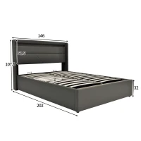 Lit Double Hydraulique avec LED et Télécommande, Structure Rembourrée avec Rangement 140x200 cm, Gris(m-3)