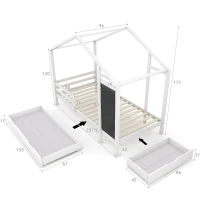 Lit Maison pour Enfants 90x200 cm en Bois Massif avec Tableau, Barrière de Sécurité (Barrière de Lit Enfants) et 2 Tiroirs, Blanc(m-3)
