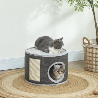 PawHut Kattenhol, 2 Niveaus, Kattenhuis, Pluche, Kussens, Sisal-Krabplank, Ø40 x 30H cm, Donkergrijs(m-2)