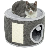 PawHut Kattenhol, 2 Niveaus, Kattenhuis, Pluche, Kussens, Sisal-Krabplank, Ø40 x 30H cm, Donkergrijs(m-10)