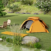 Outsunny Camping Tent with Self Inflatable Mattress, 1 Person Dome Tent with Removable Rainfly and Aluminium Frame, 2000mm Waterproof, Portable with Bags, for Fishing Hiking, Orange/Khaki(m-2)