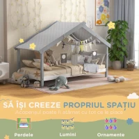 HOMCOM Pat Montessori pentru Copii în Formă de Căsuță cu Acoperiș Înstelat, Pat cu 15 Șipci, 213x100x140 cm, Gri(m-5)