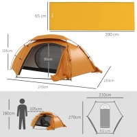 Outsunny Camping Tent with Self Inflatable Mattress, 1 Person Dome Tent with Removable Rainfly and Aluminium Frame, 2000mm Waterproof, Portable with Bags, for Fishing Hiking, Orange/Khaki(m-3)