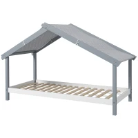 HOMCOM Pat Montessori pentru Copii în Formă de Căsuță cu Acoperiș Înstelat, Pat cu 15 Șipci, 213x100x140 cm, Gri(m-10)