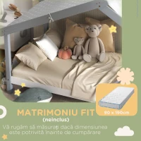 HOMCOM Pat Montessori pentru Copii în Formă de Căsuță cu Acoperiș Înstelat, Pat cu 15 Șipci, 213x100x140 cm, Gri(m-7)