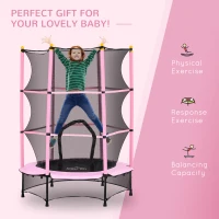HOMCOM 4.6FT/55" Kids Trampoline with Safety Enclosure, Outdoor Indoor Use, for Ages 3-10 Years, Pink(m-7)