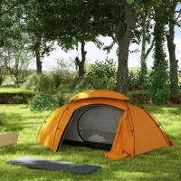 Outsunny Camping Tent with Self Inflatable Mattress, 1 Person Dome Tent with Removable Rainfly and Aluminium Frame, 2000mm Waterproof, Portable with Bags, for Fishing Hiking, Orange/Grey(m-2)