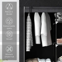 HOMCOM Dulap Portabil din Material, Dulap cu 6 Rafturi Deschise, 1 Bară și Ușă cu Fermoar, 103x43x162,5 cm, Negru(m-6)