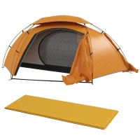 Outsunny Camping Tent with Self Inflatable Mattress, 1 Person Dome Tent with Removable Rainfly and Aluminium Frame, 2000mm Waterproof, Portable with Bags, for Fishing Hiking, Orange/Khaki(m-1)