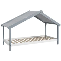 HOMCOM Pat Montessori pentru Copii în Formă de Căsuță cu Acoperiș Înstelat, Pat cu 15 Șipci, 213x100x140 cm, Gri(m-11)
