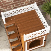 PawHut Kattenhuis, Tweelaags met Balkon en Trap, Voor Binnen en Buiten, Voor Katten en Konijnen, Sparrenhout, Bruin(m-8)