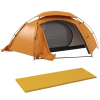 Outsunny Camping Tent with Self Inflatable Mattress, 1 Person Dome Tent with Removable Rainfly and Aluminium Frame, 2000mm Waterproof, Portable with Bags, for Fishing Hiking, Orange/Khaki(m-11)