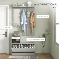 HOMCOM Set de Mobilier pentru Hol cu Raft pentru Pantofi, Oglindă și 2 rafturi Reglabile, 90x24x177 cm, Gri(m-4)