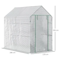 Outsunny Walk-in Greenhouse with 2 Tier 4 Shelves, Small Greenhouse with Reinforced PE Cover, Garden Plant Growhouse with Roll-up Door, 120 x 186 x 190 cm, White(m-3)