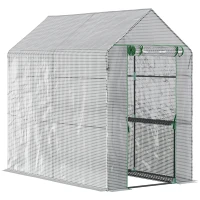 Outsunny Walk-in Greenhouse with 2 Tier 4 Shelves, Small Greenhouse with Reinforced PE Cover, Garden Plant Growhouse with Roll-up Door, 120 x 186 x 190 cm, White(m-1)