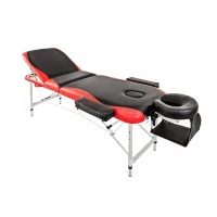 Portable Aluminium Massage Table, 3-Section Foldable Couch Bed with Adjustable Headrest, Arm Support, and Carrying Bag, Black+Red(m-2)