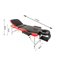 Portable Aluminium Massage Table, 3-Section Foldable Couch Bed with Adjustable Headrest, Arm Support, and Carrying Bag, Black+Red(m-3)