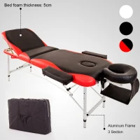 Portable Aluminium Massage Table, 3-Section Foldable Couch Bed with Adjustable Headrest, Arm Support, and Carrying Bag, Black+Red(m-5)