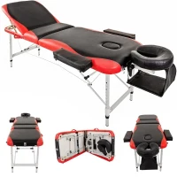 Portable Aluminium Massage Table, 3-Section Foldable Couch Bed with Adjustable Headrest, Arm Support, and Carrying Bag, Black+Red(m-9)
