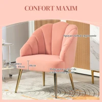 HOMCOM Fotoliu Tapițat cu Spătar în Formă de Cochilie, Fotoliu din Catifea cu Picioare Aurii, 63x65x84 cm, Roz(m-4)