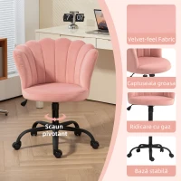 HOMCOM Scaun de Birou cu Spătar în Formă de Petală cu Înălțime Reglabilă, Rotile și Șezut Rotativ, 69x64x80-90 cm, Roz(m-5)