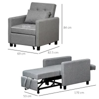 HOMCOM Fotoliu Pat Individual cu Spătar Reglabil pe 3 Nivele și Pernă, Canapea Pat pentru Sufragerie, 69x82,5x84 cm, Gri(m-3)