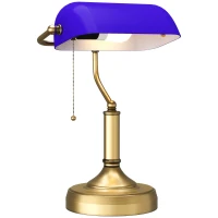 HOMCOM Banker's Desk Lamp with Antique Bronze Tone Base, Table Lamp with Blue Glass Shade for Home Office, Blue(m-1)