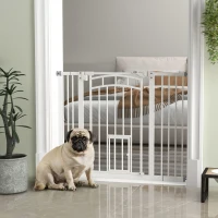 PawHut Pressure Fit Stair Dog Gate w/ Small Cat Door, Automatic Closing Door, Double Locking, for 74-100cm Openings - White(m-10)