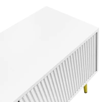 Élégant meuble TV avec pieds et poignées dorés, 2 portes avec rainures verticales et verre courbé, charnières silencieuses, Blanc(m-6)