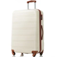 28" 4-Wheel ABS Hard Shell Travel Trolley Suitcase with Adjustable Handle, Luggage with Secure Lock, 52L x 32W x 78H cm, Brown+White(m-10)
