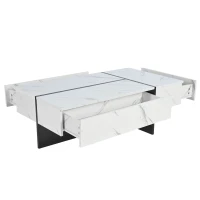Moderner Couchtisch 105cm mit 3 Schubladen LED Beleuchtung Marmormuster Hochglanz Wohnzimmer Weiß(m-8)