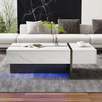 Moderner Couchtisch 105cm mit 3 Schubladen LED Beleuchtung Marmormuster Hochglanz Wohnzimmer Weiß(m-1)