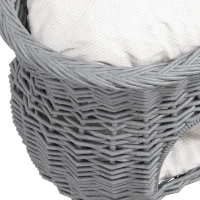 PawHut 2-Tier Wicker Cat House Elevated Pet Bed Basket Willow Kitten Tower Pet Den. with Washable Cushions 56x37x40cm Grey(m-8)