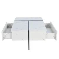 Moderner Couchtisch 105cm mit 3 Schubladen LED Beleuchtung Marmormuster Hochglanz Wohnzimmer Weiß(m-9)