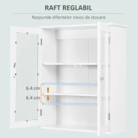 Kleankin Dulap de Baie Suspendat cu 2 Uși din Lemn și Sticlă, Dulap de Perete Multifuncțional, 55x20x65 cm, Alb(m-5)