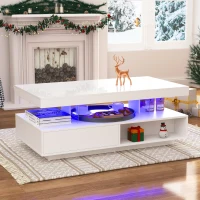 Table basse blanc brillant avec 4 inserts en verre, 2 tiroirs et 2 compartiments ouverts,Blanc(m-5)