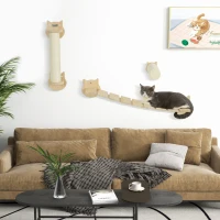 PawHut 3-delige Kattenklimset, wandgemonteerde Kattenboom met Krabpaal, Traptrede, Ladder, Natuurhout(m-2)