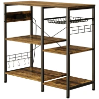 HOMCOM Estante de Cozinha Estilo Industrial com Tomada Elétrica Prateleiras Ajustáveis Ganchos e Cesta Metálica 90x40x83 cm Marrom Rústico(m-11)
