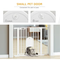 PawHut Dog Gate with Cat Flap Pet Safety Gate Barrier, Stair Pressure Fit, Auto Close, Double Locking, for Doorways, Hallways, 75-103 cm White(m-6)