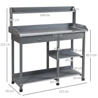 Outsunny Garden Potting Table, Wooden Workstation Bench w/ Galvanized Metal Tabletop, Drawer, Storage Shelves and Hooks for Patios, Courtyards, Balcony(m-3)