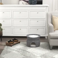 PawHut 2-Tier Wicker Cat House Elevated Pet Bed Basket Willow Kitten Tower Pet Den. with Washable Cushions 56x37x40cm Grey(m-9)