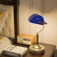 HOMCOM Banker's Desk Lamp with Antique Bronze Tone Base, Table Lamp with Blue Glass Shade for Home Office, Blue(m-7)