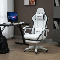 Vinsetto Computer Gaming Chair, PU Leather Desk Chair with Footrest, Swivel Task Chair with 135° Reclining Back and Lumbar Support, PC Chair for Adults, White and Black(m-10)