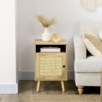 HOMCOM Bedside Table with Rattan Element, Side End Table with Shelf and Cupboard, 39cmx35cmx60cm, Natural(m-7)