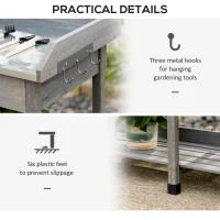 Outsunny Garden Potting Table, Wooden Workstation Bench w/ Galvanized Metal Tabletop, Drawer, Storage Shelves and Hooks for Patios, Courtyards, Balcony(m-6)
