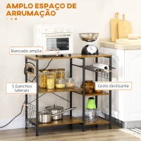 HOMCOM Estante de Cozinha Estilo Industrial com Tomada Elétrica Prateleiras Ajustáveis Ganchos e Cesta Metálica 90x40x83 cm Marrom Rústico(m-6)