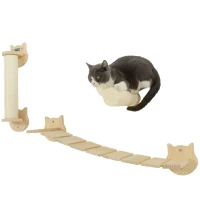 PawHut 3-delige Kattenklimset, wandgemonteerde Kattenboom met Krabpaal, Traptrede, Ladder, Natuurhout(m-1)