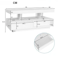 Table basse blanc brillant avec 4 inserts en verre, 2 tiroirs et 2 compartiments ouverts,Blanc(m-3)
