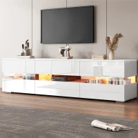 Meuble TV moderne en laqué brillant avec éclairage LED, compartiment ouvert, insert en verre acrylique,Blanc(m-4)